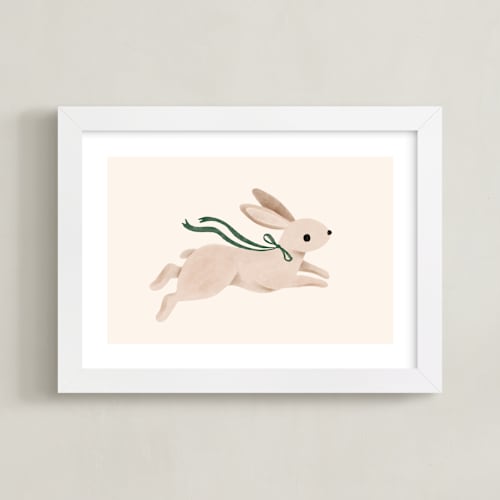 This is a hunter green nursery wall art by Vivian Yiwing called rabbit with bow