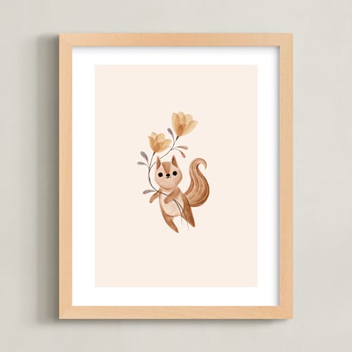 This is a tan nursery wall art by Vivian Yiwing called squirrel with flowers