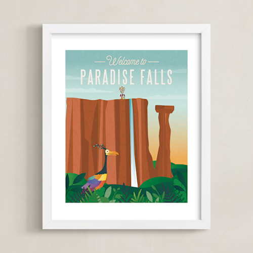 This is a waterfall disney art by Erica Krystek called welcome to paradise falls from disney and pixar's up