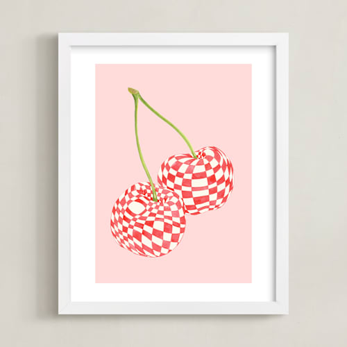 This is a pastel pink kids wall art by Luci Power called checkerboard cherries