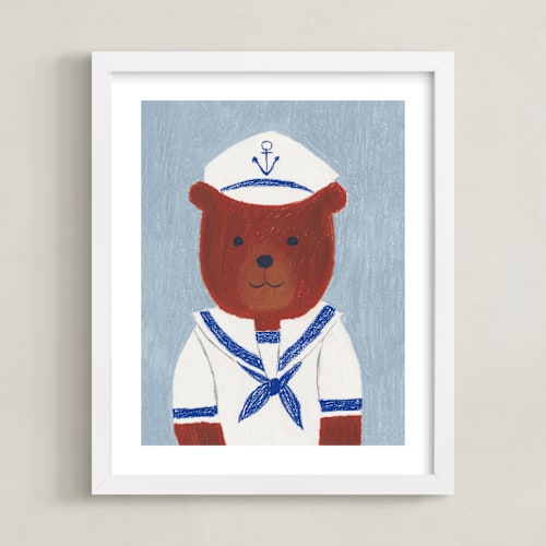 This is a dusty blue nursery wall art by Madhvi Samimi called sailor bear