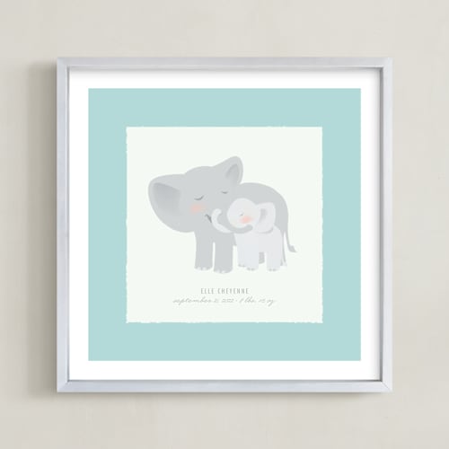 This is a teal nursery wall art by Lori Wemple called a mother's love - elephants