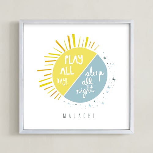 This is a light slate nursery wall art by Lisa Nelson called play all day, sleep all night