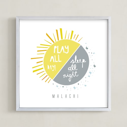This is a cadet grey nursery wall art by Lisa Nelson called play all day, sleep all night
