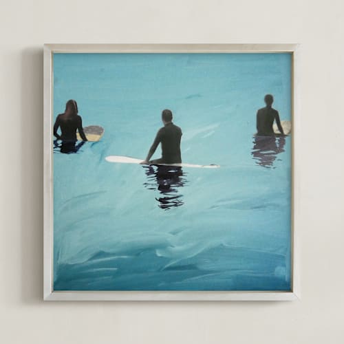 This is a pacific ocean emerald art by Annie Seaton called 3 surfers waiting, venice pier