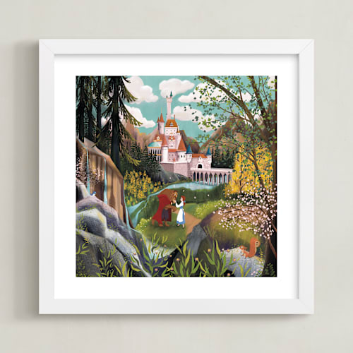 This is a forest disney art by Becky Nimoy called belle and beast stroll the castle grounds