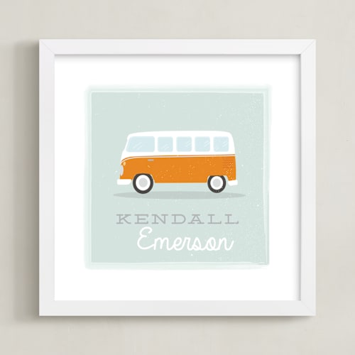 This is a tangerine personalized art for kids by Itsy Belle Studio called little bus