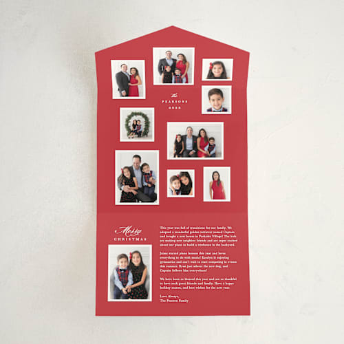 This is a cranberry all in one holiday cards with standard by Hooray Creative called modern snapshots printing on value cover in all-in-one