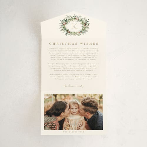 This is a vanilla all in one holiday cards with standard by Susan Moyal called greenery wreath printing on value cover in all-in-one