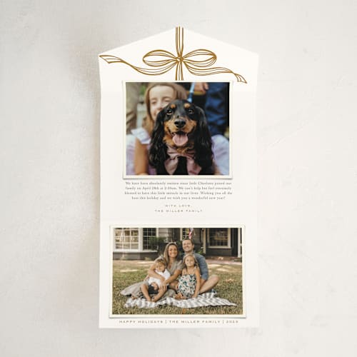This is a golden all in one holiday cards with standard by SimpleTe Design called tied with a bow printing on value cover in all-in-one