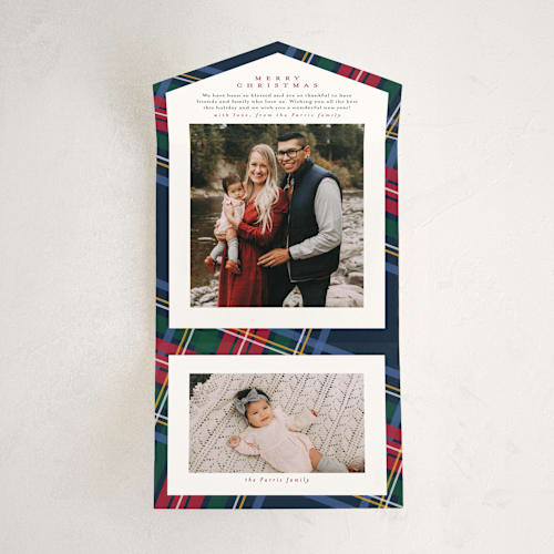This is a navy all in one holiday cards with standard by Lea Delaveris called plaid framed printing on value cover in all-in-one