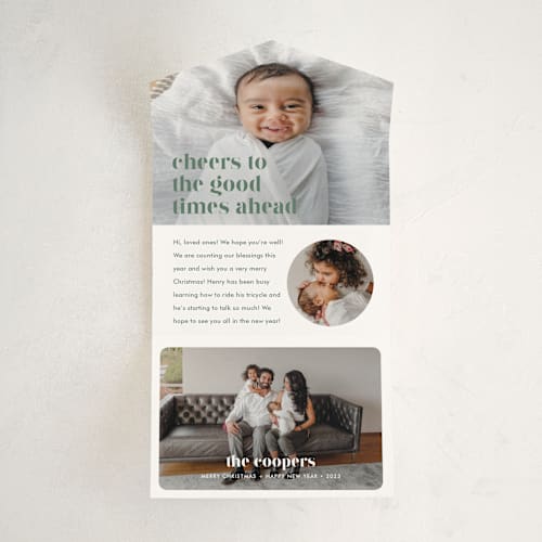 This is a sage all in one holiday cards with standard by Sarah Curry called good times ahead printing on value cover in all-in-one