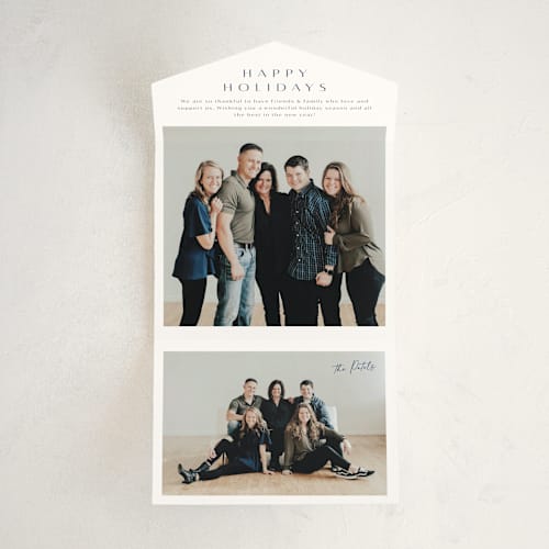 This is a navy all in one holiday cards with standard by Nicole Walsh called modern elegance printing on value cover in all-in-one