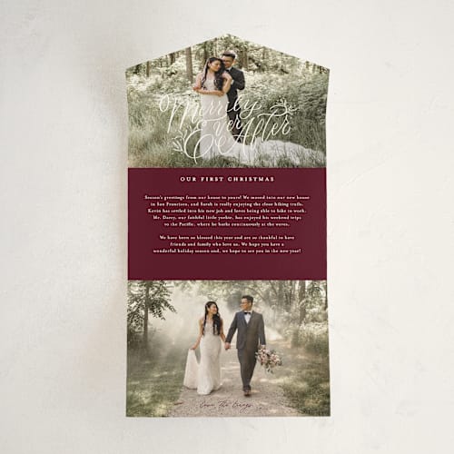 This is a cranberry all in one holiday cards with standard by Jackie Crawford called merrily ever after printing on value cover in all-in-one
