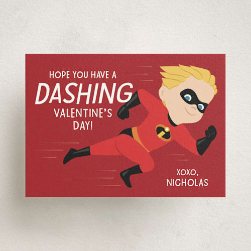 This is a siren kids valentines day cards with standard by Kacey Kendrick Wagner called the incredibles dash printing on signature in standard