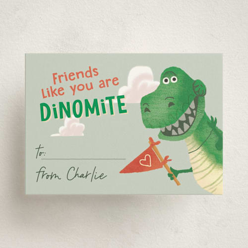 This is a fossil fog kids valentines day cards with standard by Leia Matt called disney and pixar's dinomite rex printing on signature in standard