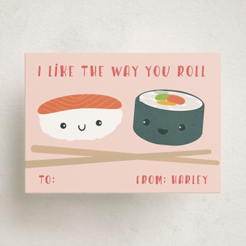 This is a peachy kids valentines day cards with standard by Annie Holmquist called sushi love printing on signature in standard