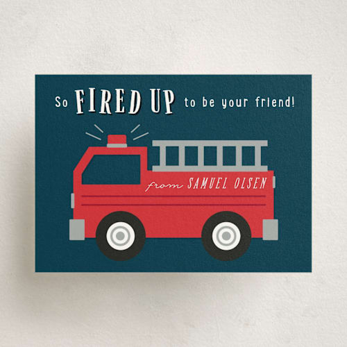This is a navy kids valentines day cards with standard by Kacey Kendrick Wagner called fired up printing on signature in standard