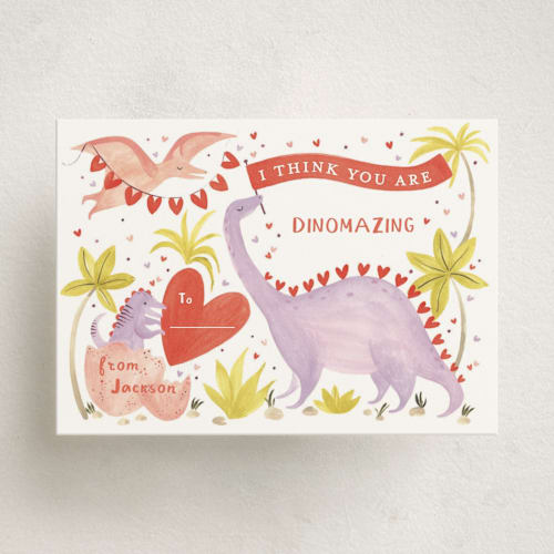 This is a candy hearts kids valentines day cards with standard by Sarah Knight called dinomazing printing on signature in standard