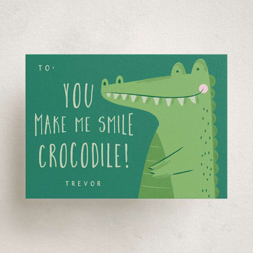 This is a pine kids valentines day cards with standard by Kiersten Garner called smile crocodile printing on signature in standard