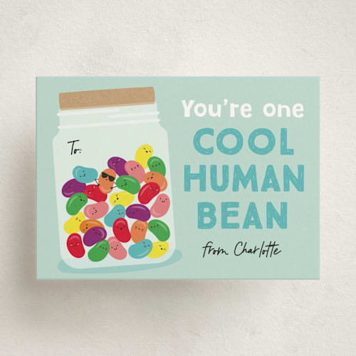 This is a spearmint kids valentines day cards with standard by Erica Krystek called human bean printing on signature in standard