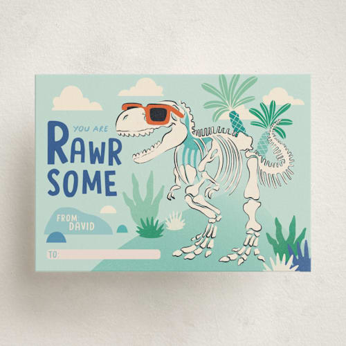 This is a seafoam kids valentines day cards with standard by Sabrin Deirani called rawr-some friend printing on signature in standard