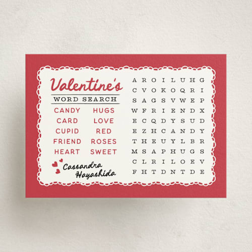 This is a strawberry kids valentines day cards with standard by Kamala Nahas called word search printing on signature in standard