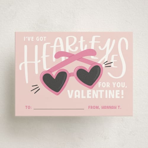 This is a bubblegum kids valentines day cards with standard by Olivia Goree called heart eyes sunglasses printing on signature in standard