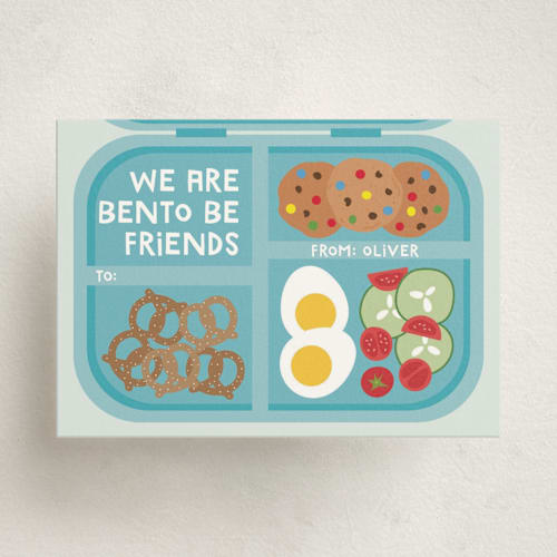 This is a teal kids valentines day cards with standard by Annie Holmquist called bento be friends printing on signature in standard