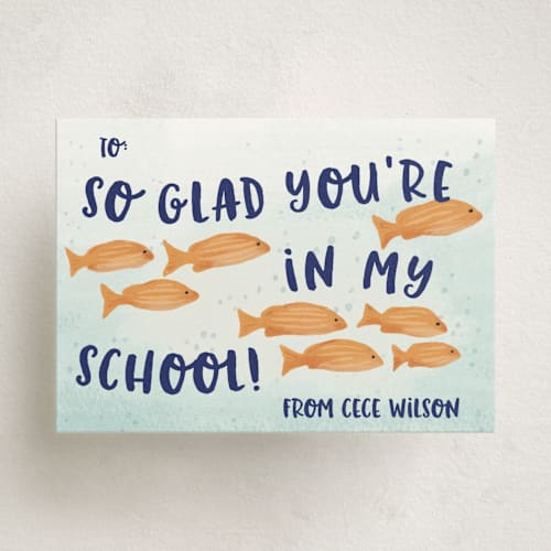 This is a goldfish kids valentines day cards with standard by Shiny Penny Studio called fish school printing on signature in standard