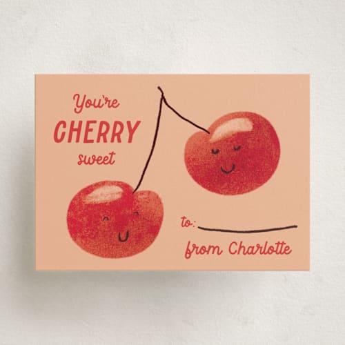 This is a peach kids valentines day cards with standard by Gwen Bedat called cherry sweet printing on signature in standard