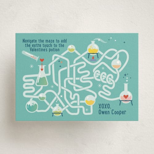 This is a aqua kids valentines day cards with standard by Leia Matt called lab game printing on signature in standard