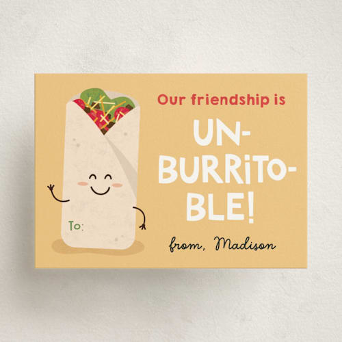 This is a cornflower kids valentines day cards with standard by Erica Krystek called un-burrito-ble printing on signature in standard