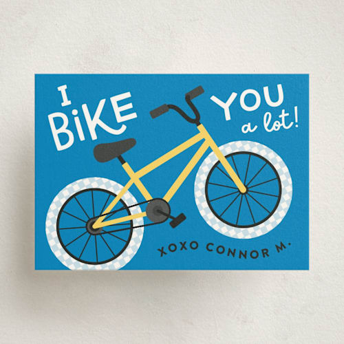 This is a sunny day kids valentines day cards with standard by Kacey Kendrick Wagner called cool bike printing on signature in standard