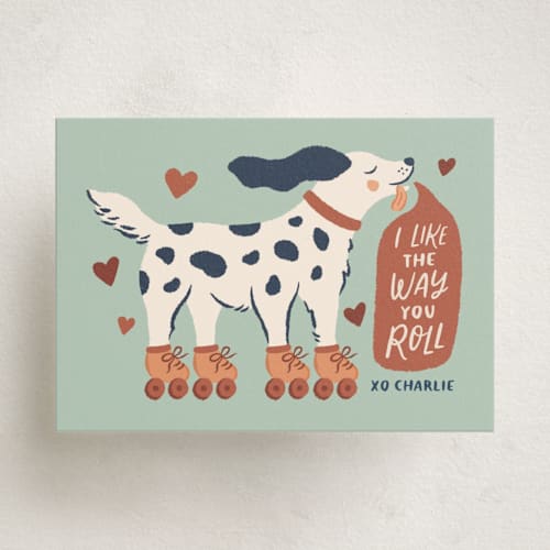 This is a seafoam kids valentines day cards with standard by Rachel Mattern called roller skating dog printing on signature in standard