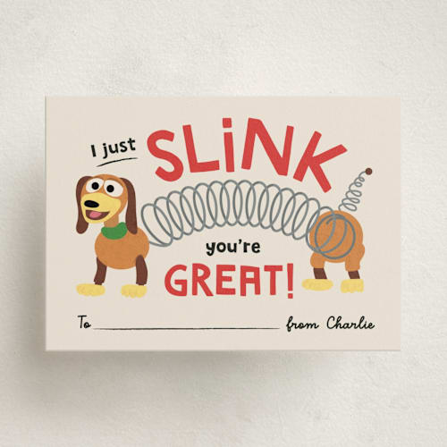 This is a bone kids valentines day cards with standard by Erica Krystek called i slink printing on signature in standard