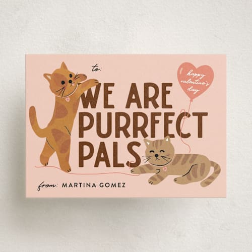 This is a peach kids valentines day cards with standard by Jennifer Lew called purrfect pals printing on signature in standard