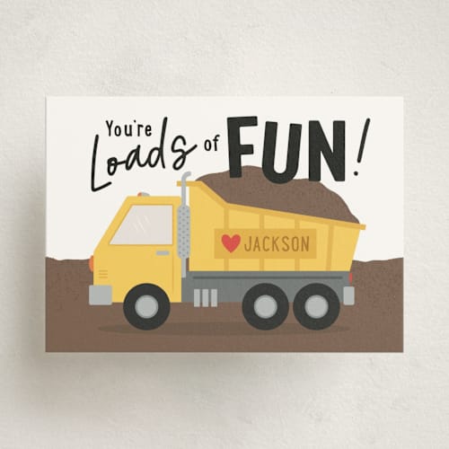 This is a bumblebee kids valentines day cards with standard by Kacey Kendrick Wagner called dump truck printing on signature in standard