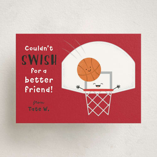 This is a cardinal kids valentines day cards with standard by Kacey Kendrick Wagner called basketball swish printing on signature in standard