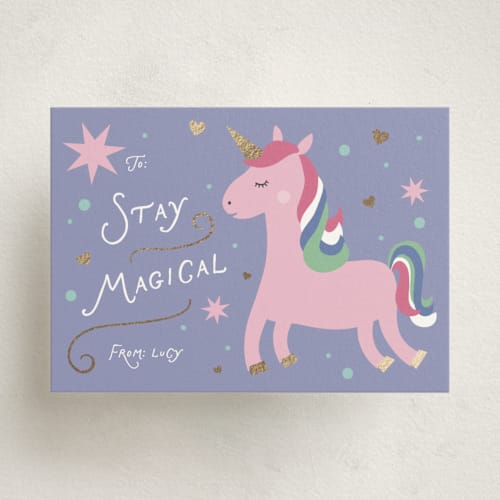 This is a lavender kids valentines day cards with foil pressed by Kelly Watkins called stay magical printing on signature in standard