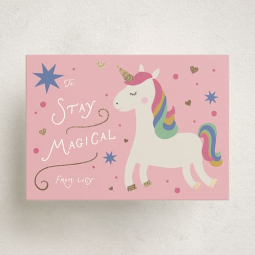 This is a petal kids valentines day cards with foil pressed by Kelly Watkins called stay magical printing on signature in standard