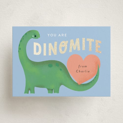 This is a powder blue kids valentines day cards with foil pressed by Itsy Belle Studio called dinomite printing on signature in standard