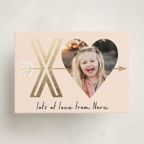 This is a blush kids valentines day cards with foil pressed by Alethea and Ruth called xo arrow printing on signature in standard