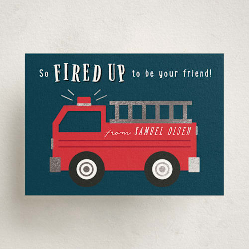 This is a navy kids valentines day cards with foil pressed by Kacey Kendrick Wagner called fired up printing on signature in standard