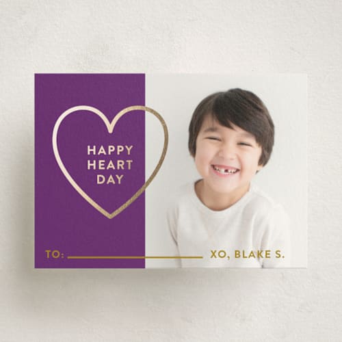 This is a purple passion kids valentines day cards with foil pressed by Jessica Ogden called happy heart day printing on signature in standard