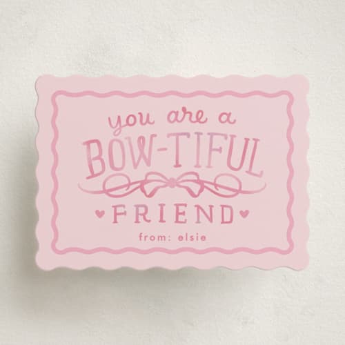 This is a cotton candy kids valentines day cards with standard by Erin L. Wilson called bow-tiful printing on signature in standard