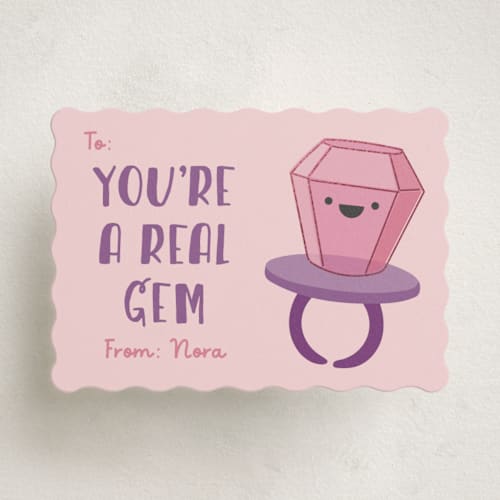 This is a peony kids valentines day cards with foil pressed by Annie Holmquist called you're a gem printing on signature in standard