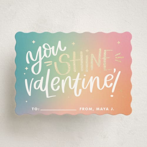 This is a sherbet kids valentines day cards with foil pressed by Olivia Goree called you shine, valentine! printing on signature in standard