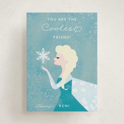 This is a turquoise kids valentines day cards with standard by Holly Whitcomb called disney's elsa snowflake valentine printing on signature in standard