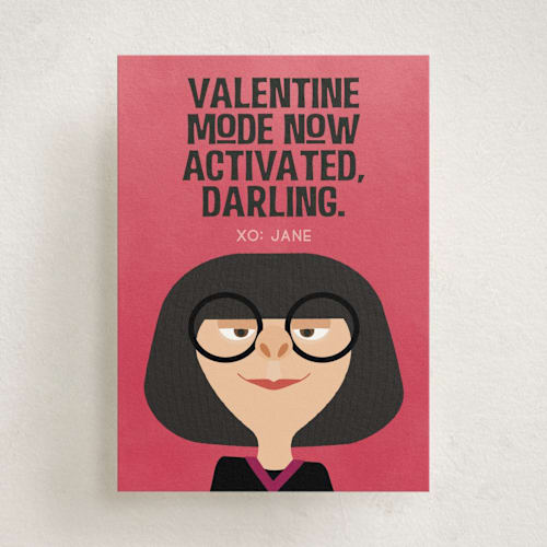 This is a raspberry kids valentines day cards with standard by Shannon Kohn called disney and pixar's the incredibles edna mode printing on signature in standard